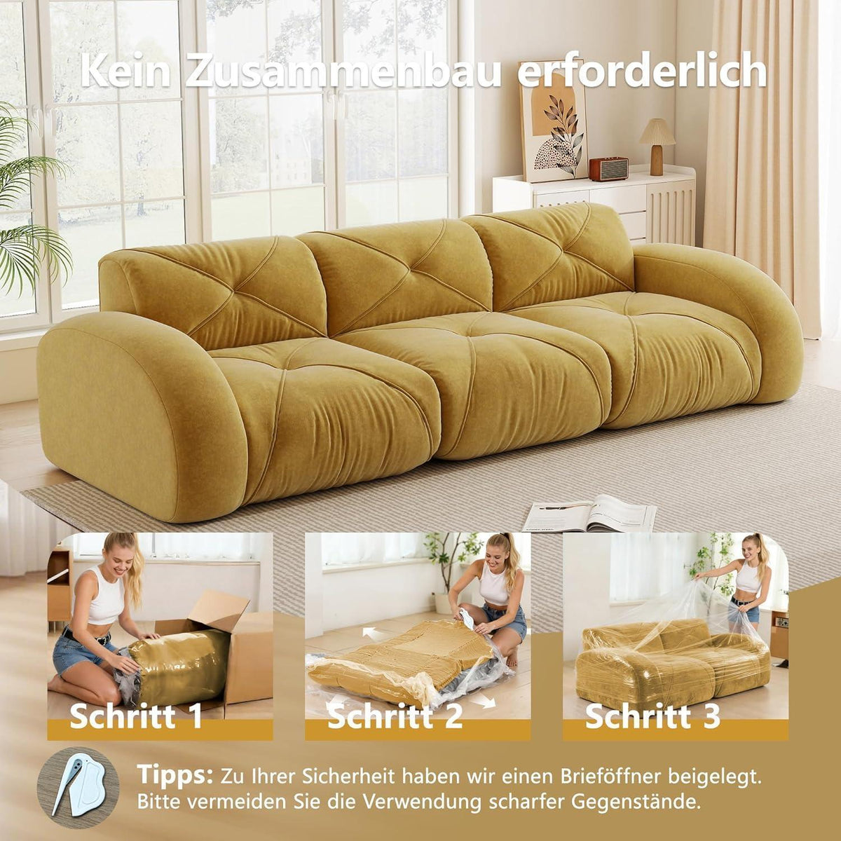 Modernes 3-Sitzer Cord Sofa Gelb – Rahmenlos & Komfortabel
