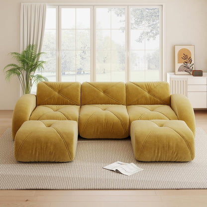 Modulares Cord Sofa 3-Sitzer + 2 Hocker – Gelb