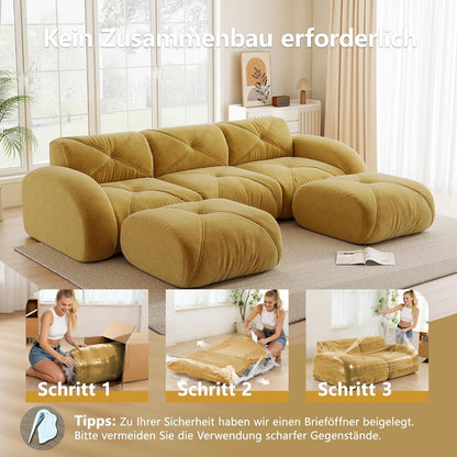 Modulares Cord Sofa 3-Sitzer + 2 Hocker – Gelb