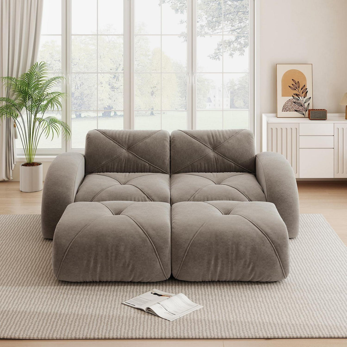 2-Sitzer Sofa mit Fußhocker – Chenille Schlafsofa Braun