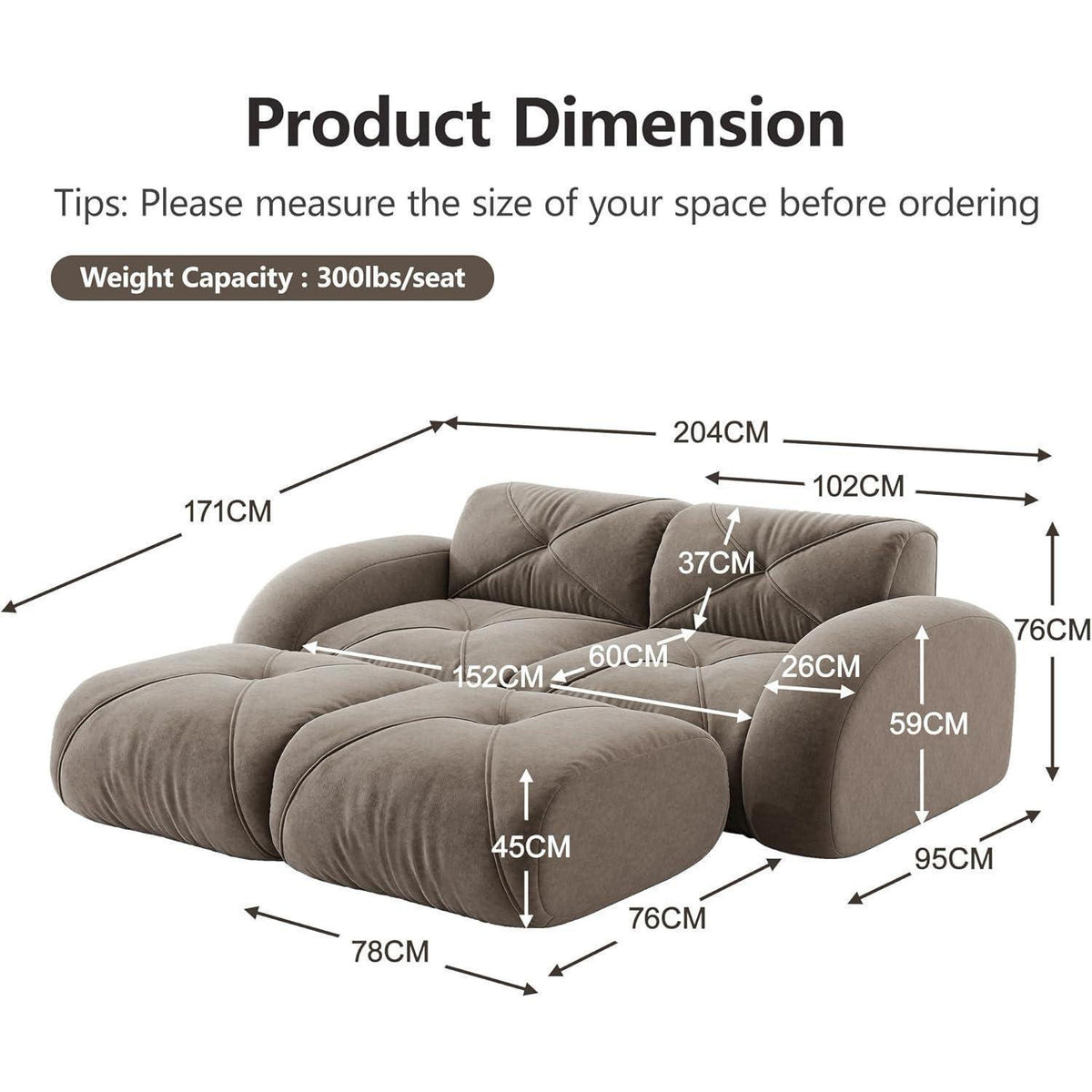 2-Sitzer Sofa mit Fußhocker – Chenille Schlafsofa Braun
