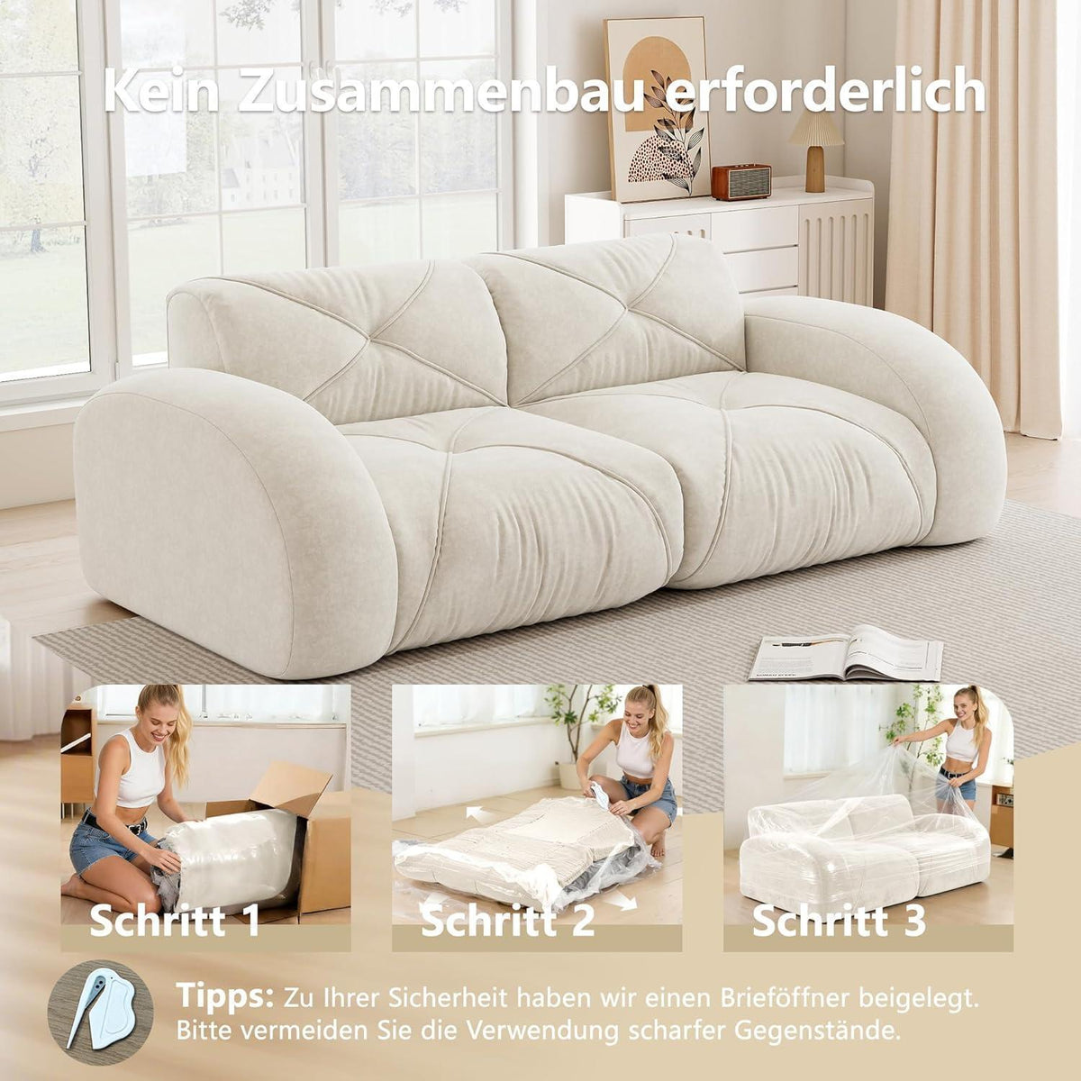 Rahmenloses 2-Sitzer Sofa mit Chenillebezug (Weiß)