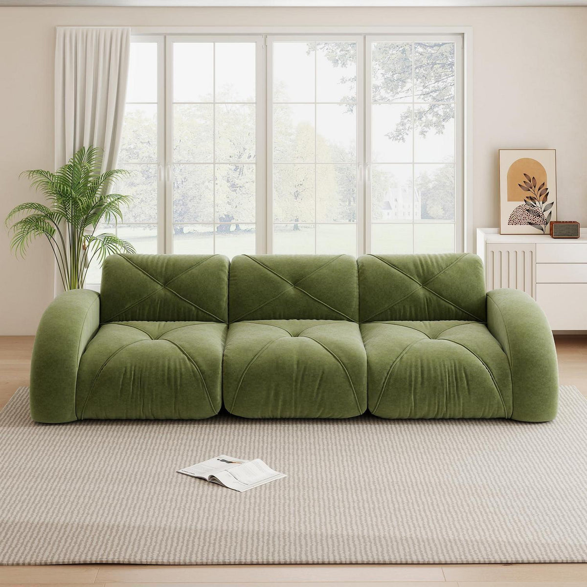 Modernes 3-Sitzer Cord Sofa Grün – Rahmenlos & Komfortabel