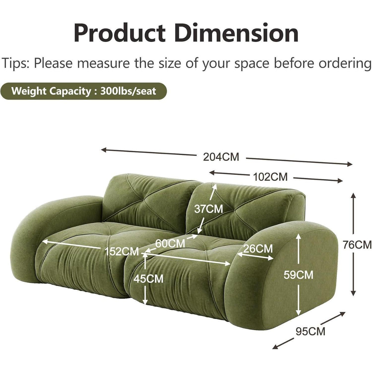 Rahmenloses 2-Sitzer Sofa Grün – Chenille Couch mit 32D Schaum