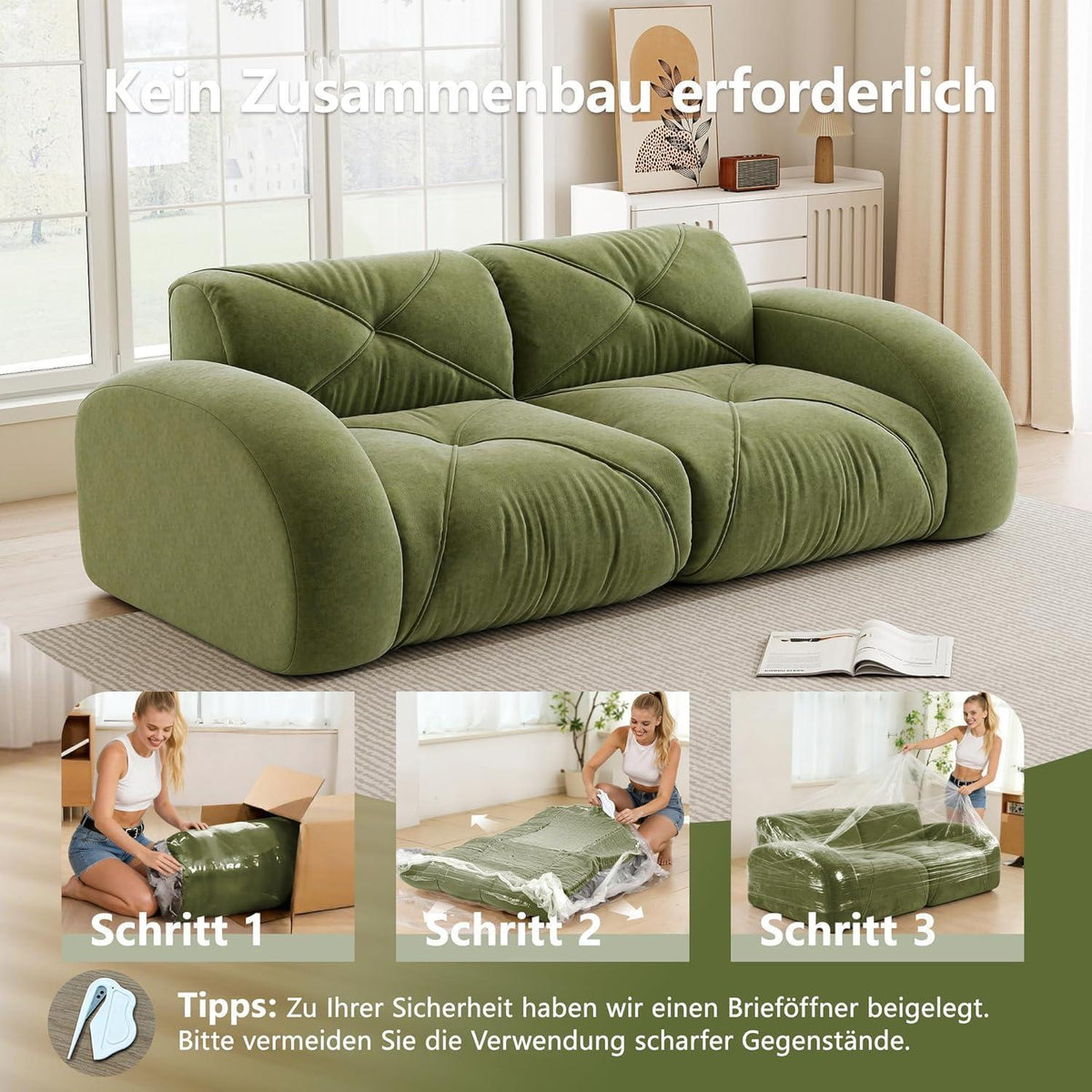 Rahmenloses 2-Sitzer Sofa Grün – Chenille Couch mit 32D Schaum