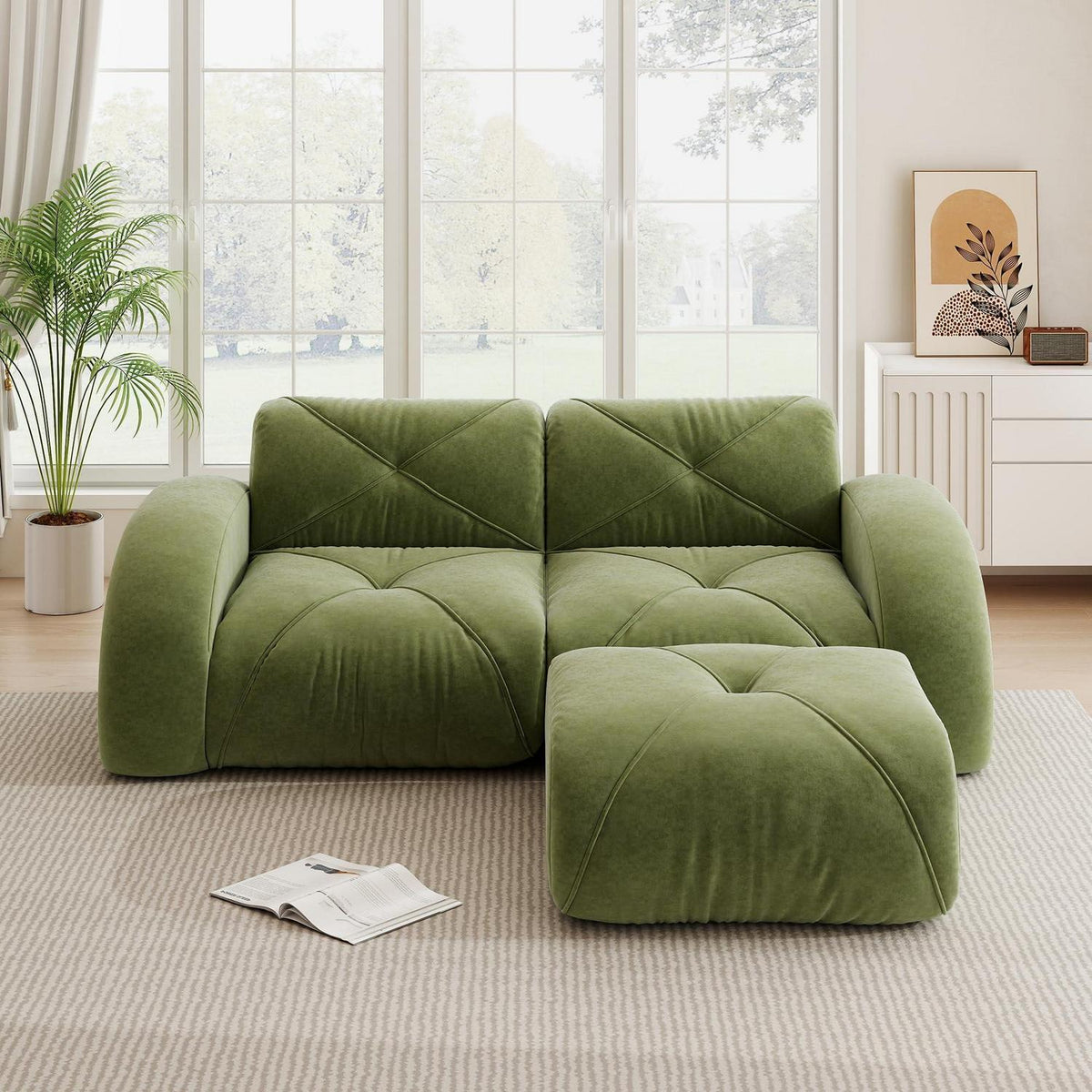 L-förmiges Ecksofa 2-Sitzer mit Fußhocker, Grün
