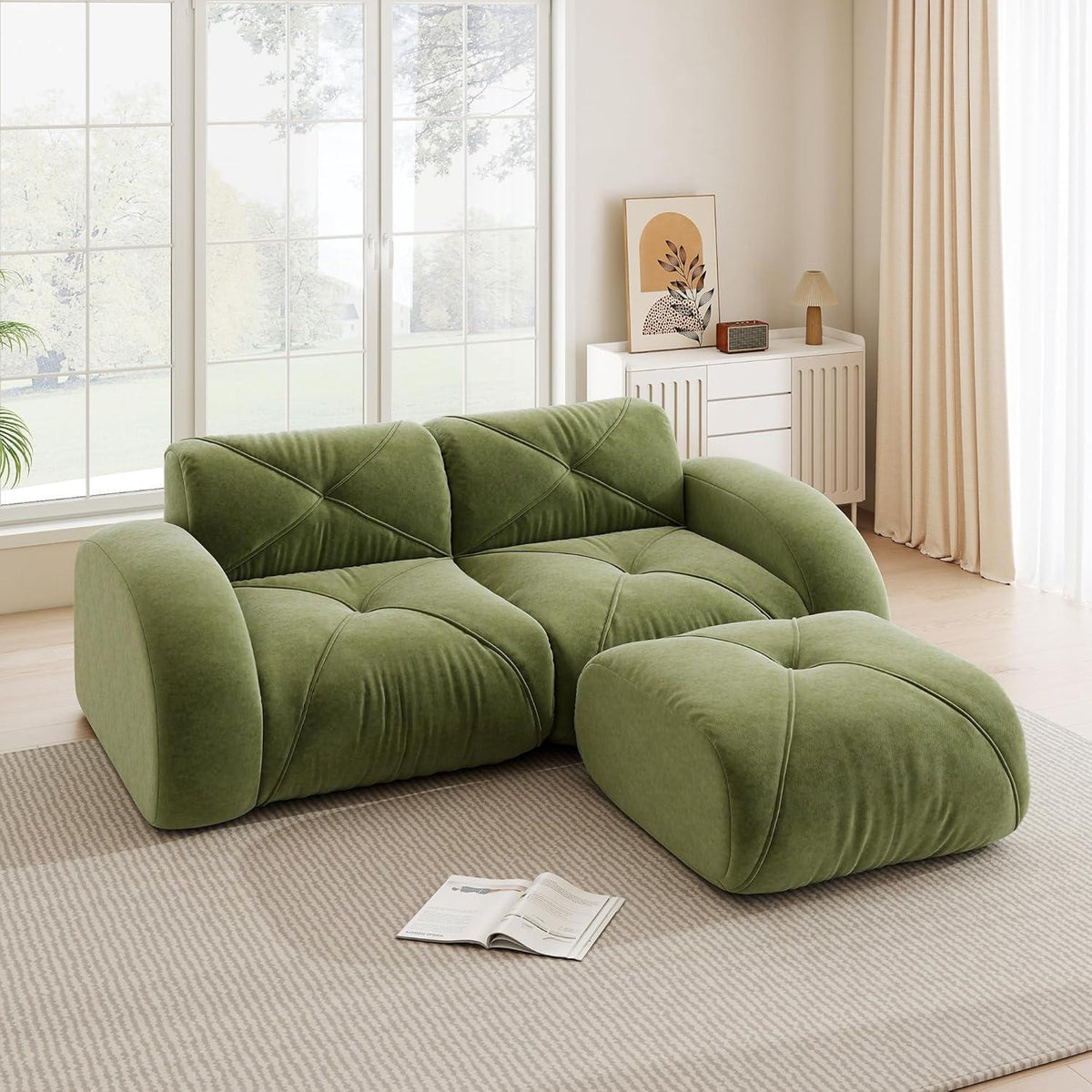 L-förmiges Ecksofa 2-Sitzer mit Fußhocker, Grün