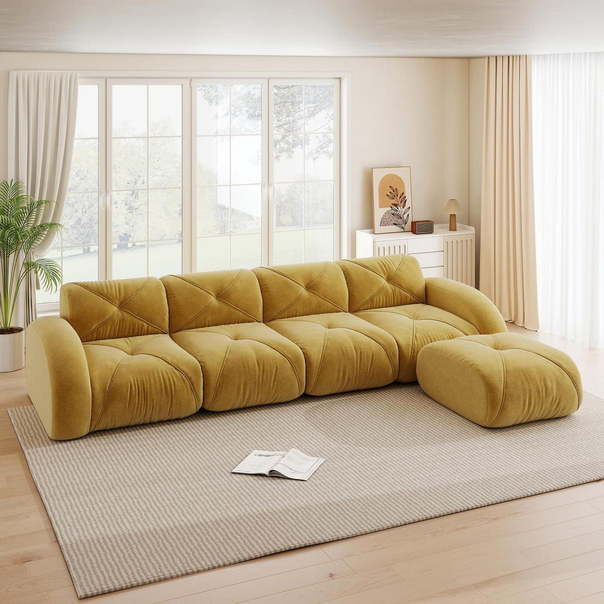 Großes L-förmiges 4-Sitzer Sofa mit Fußhocker, Gelb