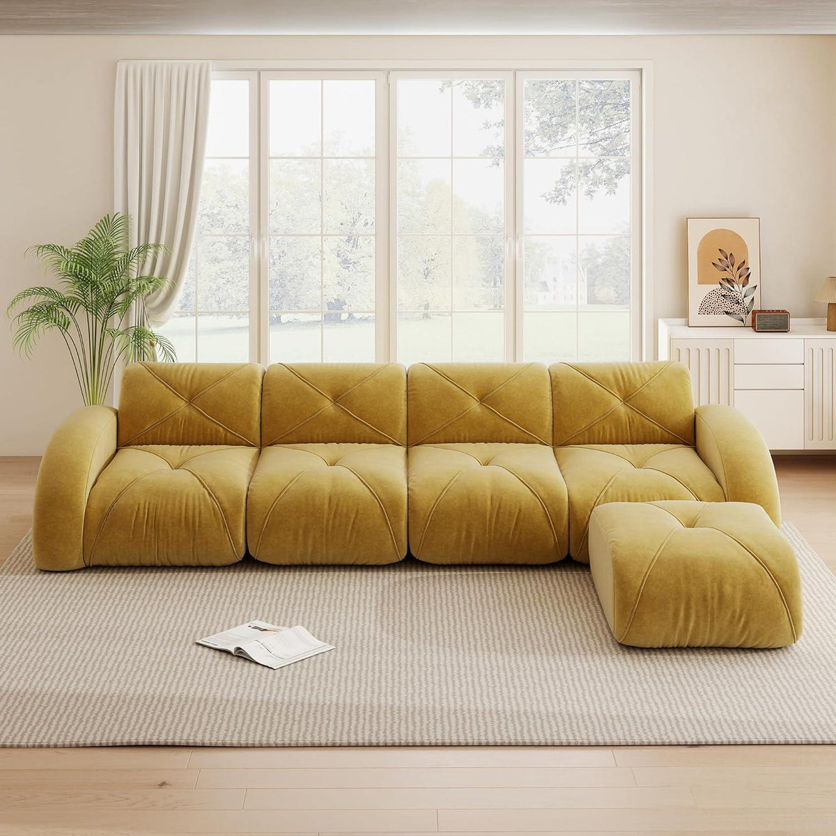 Großes L-förmiges 4-Sitzer Sofa mit Fußhocker, Gelb