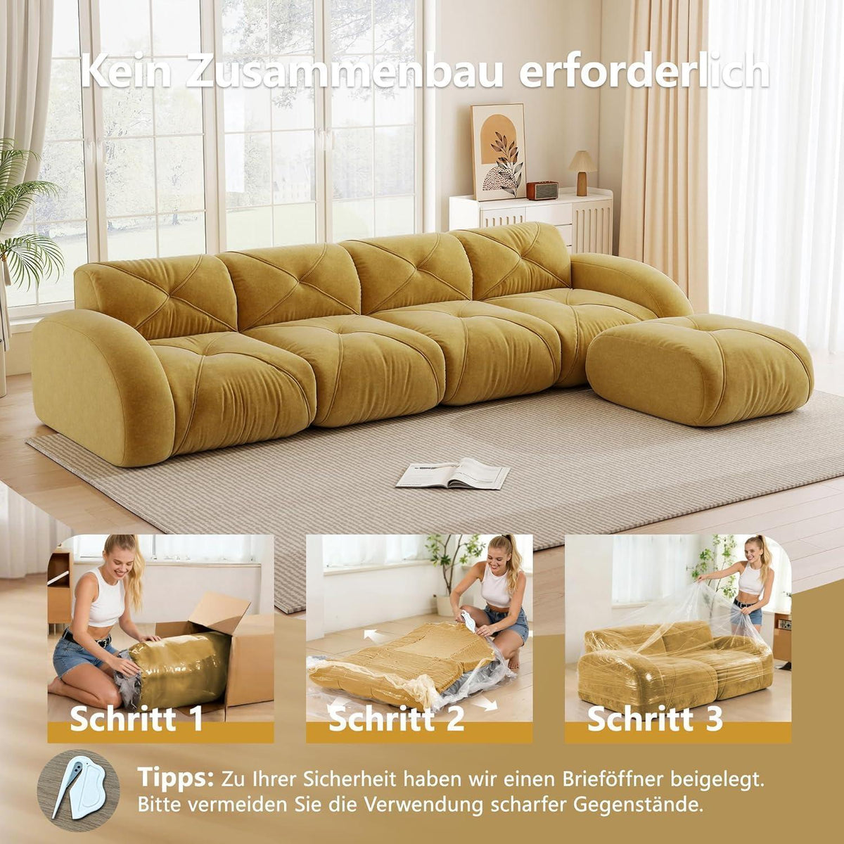Großes L-förmiges 4-Sitzer Sofa mit Fußhocker, Gelb