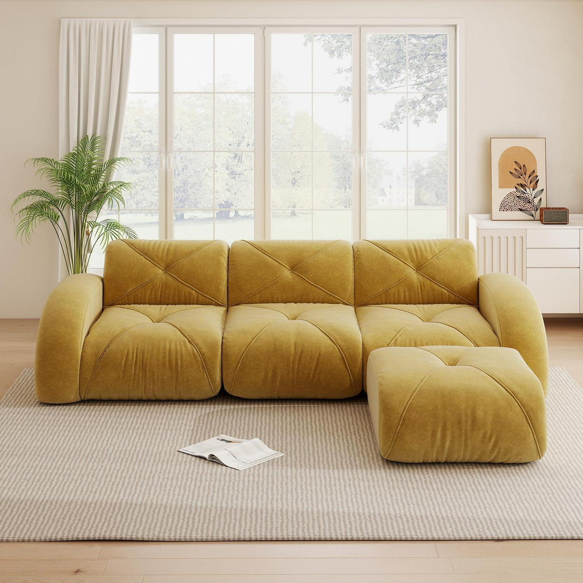 Modulares L-Sofa 3-Sitzer mit Fußhocker, Gelb
