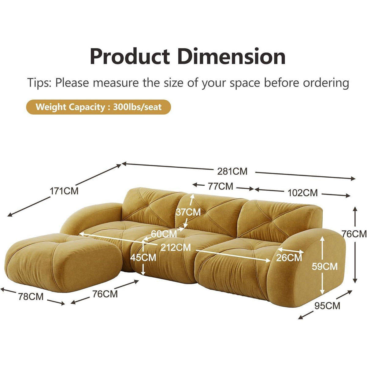 Modulares L-Sofa 3-Sitzer mit Fußhocker, Gelb