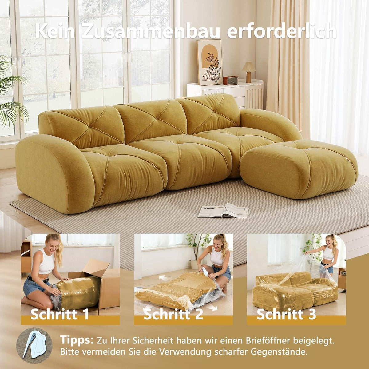 Modulares L-Sofa 3-Sitzer mit Fußhocker, Gelb