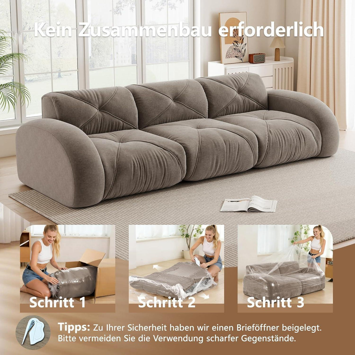 Modernes 3-Sitzer Cord Sofa Braun – Rahmenlos & Komfortabel