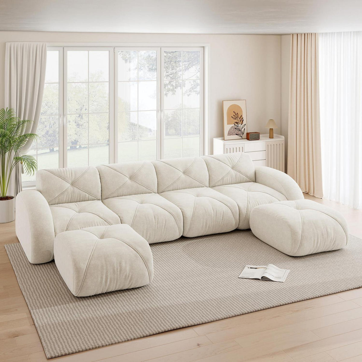 Modulares Cord Sofa 4-Sitzer mit Fußhockern – Weiß