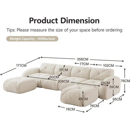 Modulares Cord Sofa 4-Sitzer mit Fußhockern – Weiß