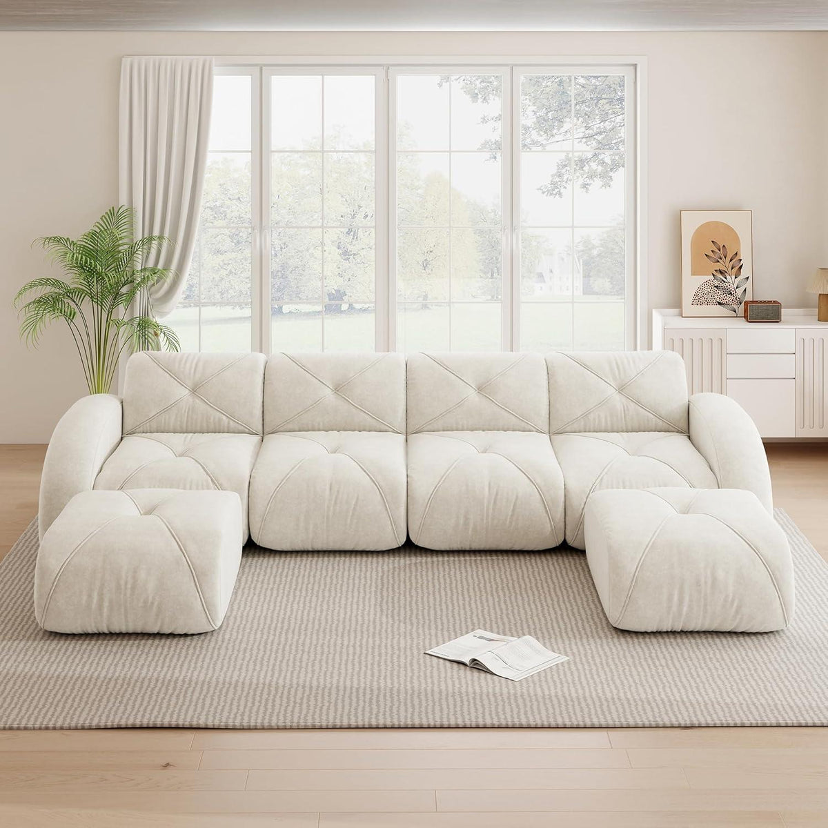 Modulares Cord Sofa 4-Sitzer mit Fußhockern – Weiß