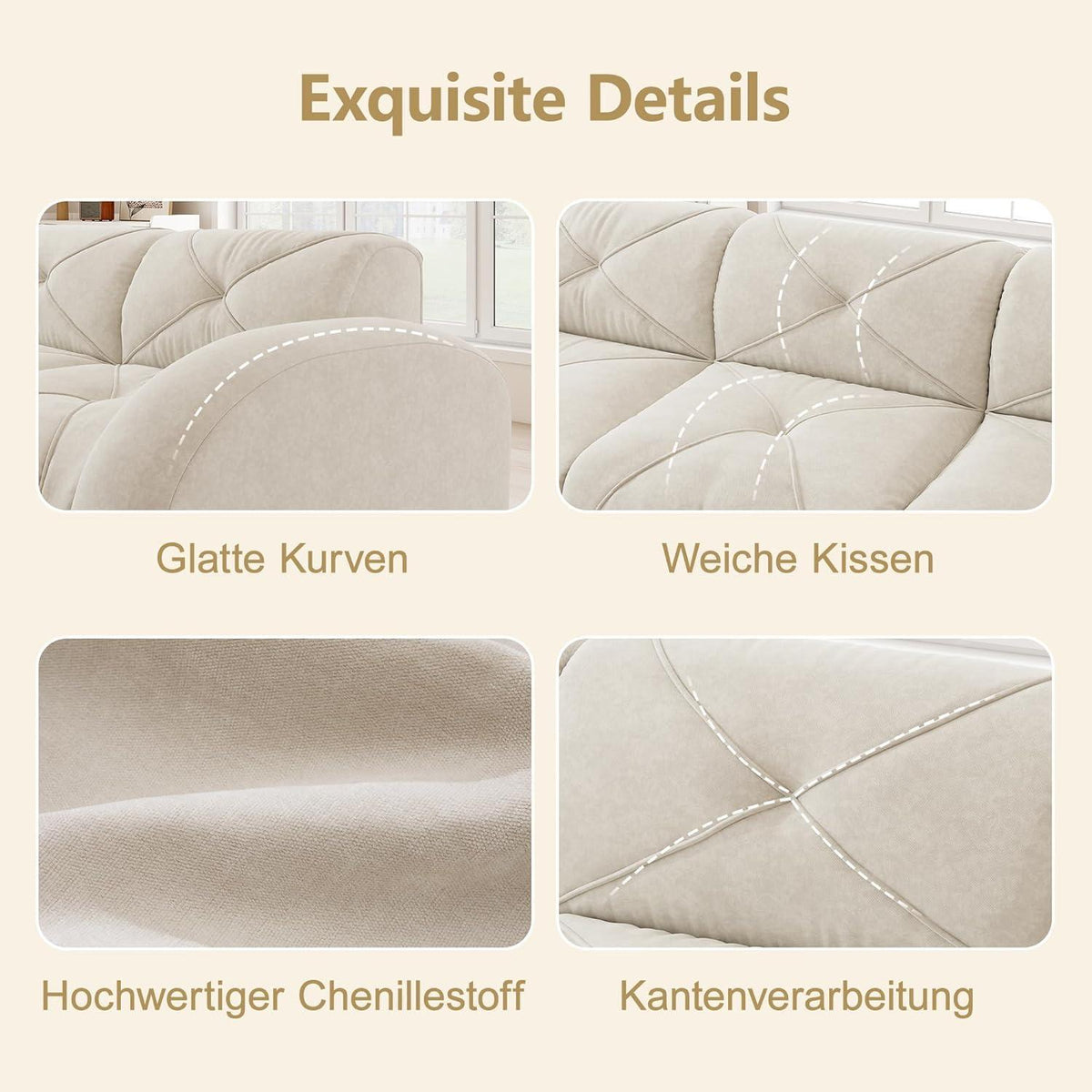 Modulares Cord Sofa 4-Sitzer mit Fußhockern – Weiß