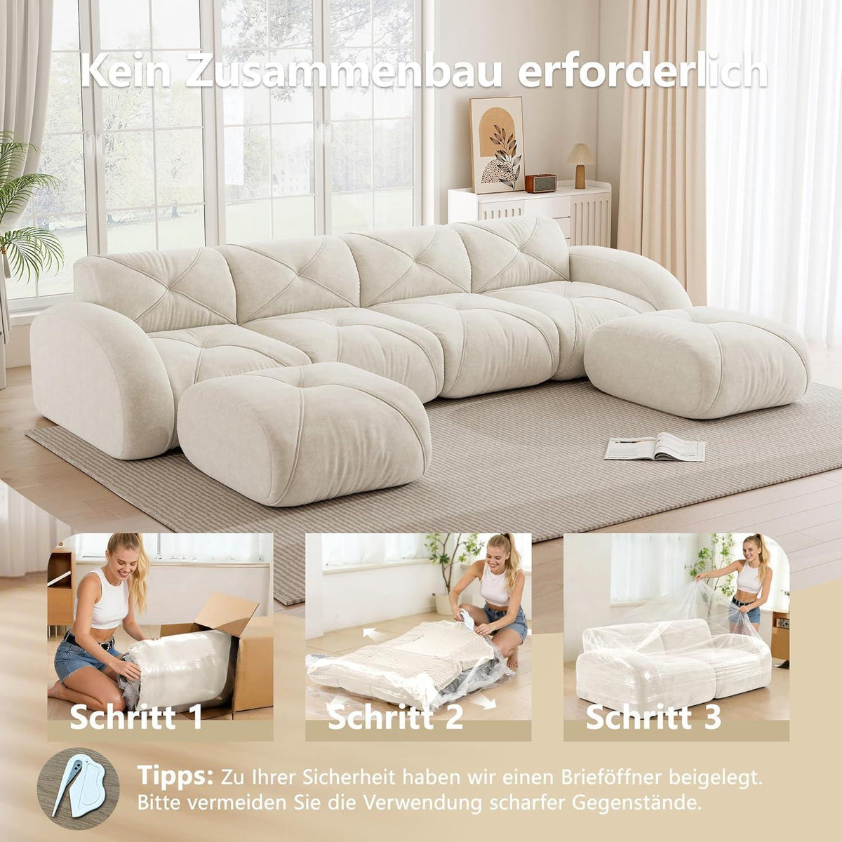 Modulares Cord Sofa 4-Sitzer mit Fußhockern – Weiß
