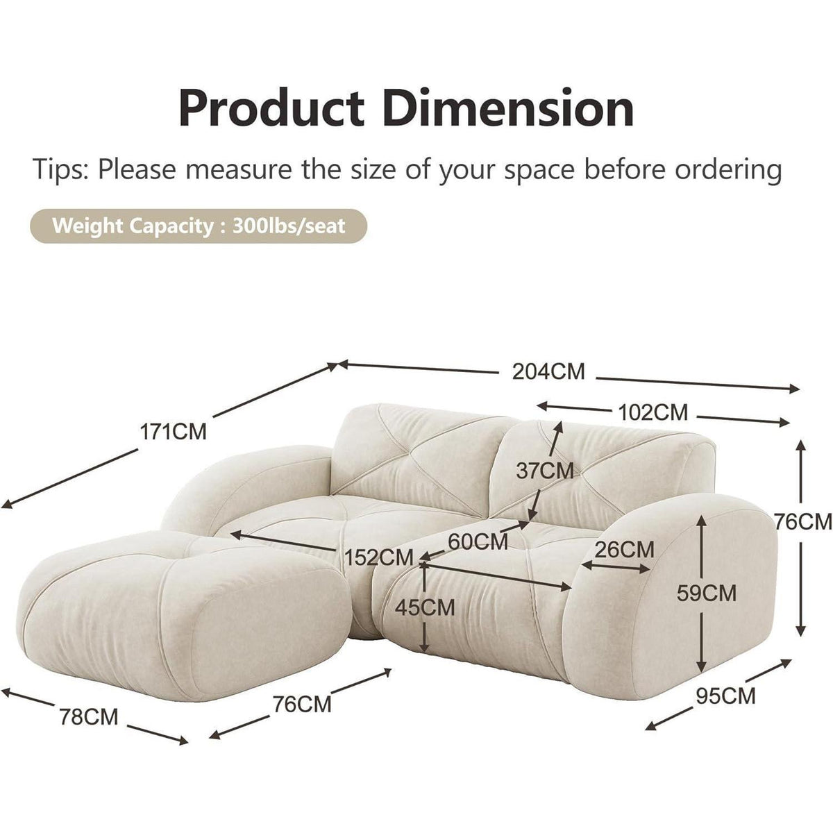L-förmiges Ecksofa 2-Sitzer mit Fußhocker, Chenille, Weiß