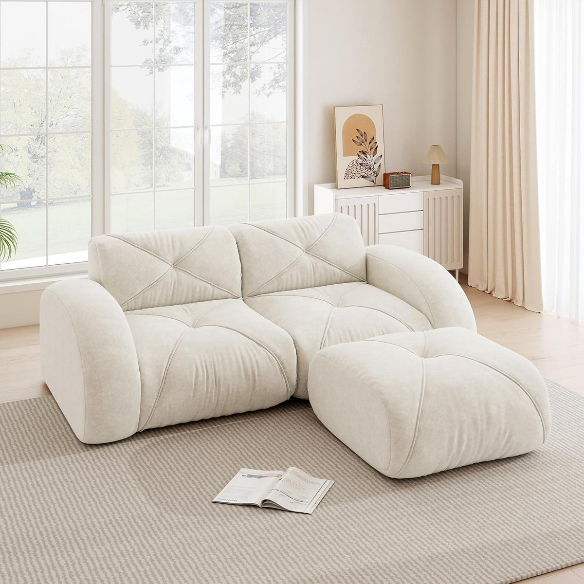 L-förmiges Ecksofa 2-Sitzer mit Fußhocker, Chenille, Weiß