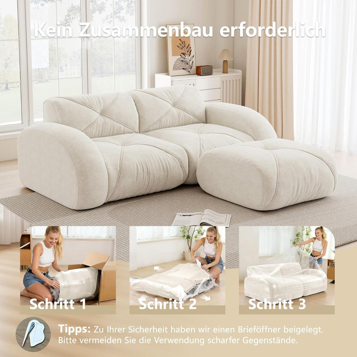 L-förmiges Ecksofa 2-Sitzer mit Fußhocker, Chenille, Weiß