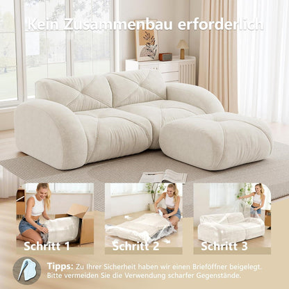 L-förmiges Ecksofa 2-Sitzer mit Fußhocker, Chenille, Weiß