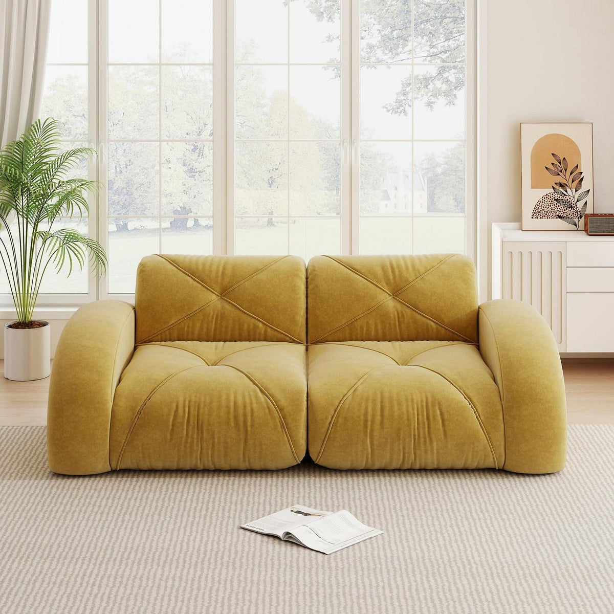 Gelbes 2-Sitzer Chenille Sofa – Rahmenlos & Komfortabel