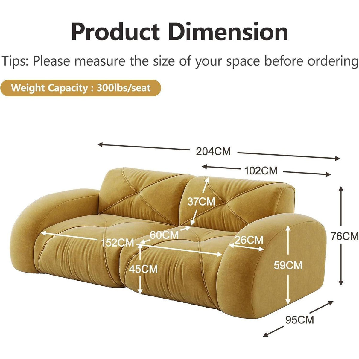 Gelbes 2-Sitzer Chenille Sofa – Rahmenlos & Komfortabel