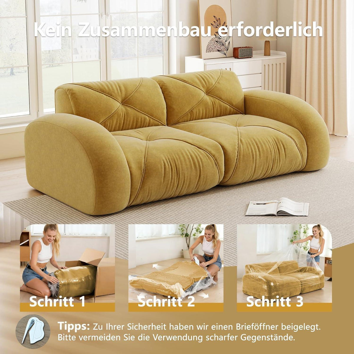Gelbes 2-Sitzer Chenille Sofa – Rahmenlos & Komfortabel