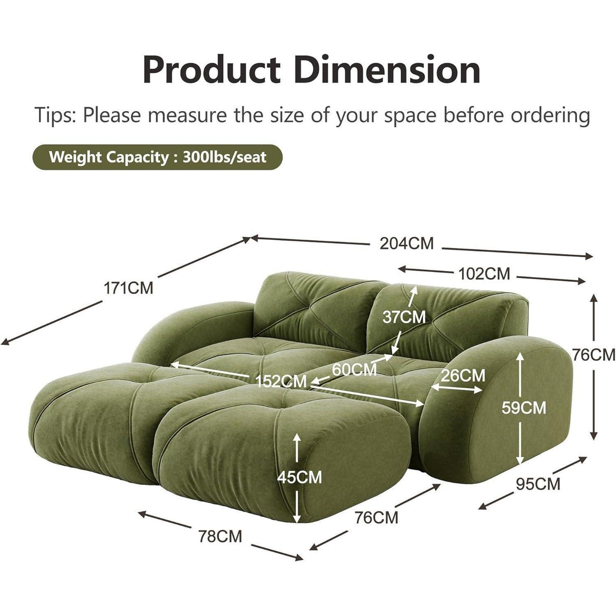 2-Sitzer Sofa mit Fußhocker – Rahmenlos, Grün