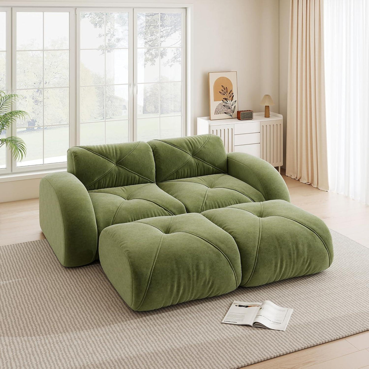2-Sitzer Sofa mit Fußhocker – Rahmenlos, Grün
