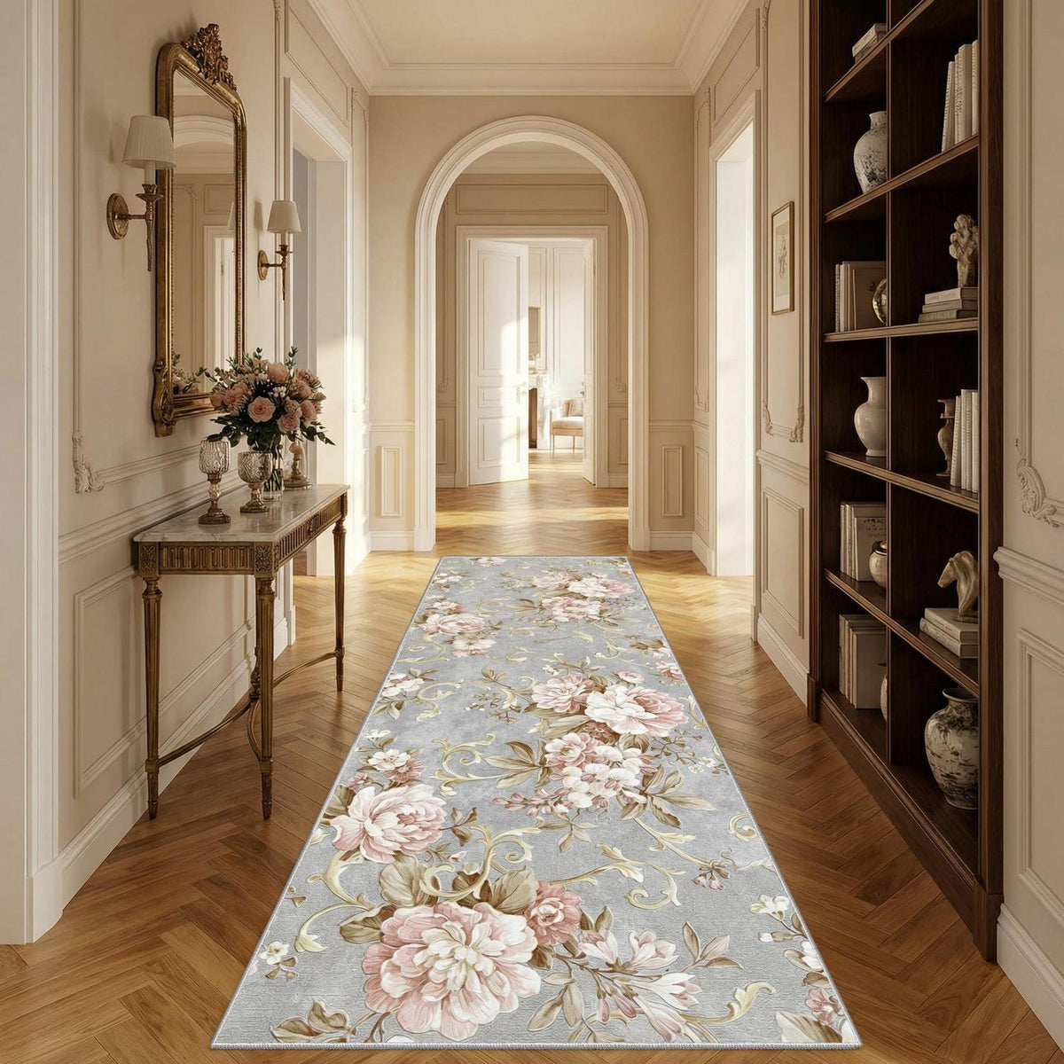 Vintage Läufer Teppich 80x300cm Grau Rosa Flur Küche Schlafzimmer