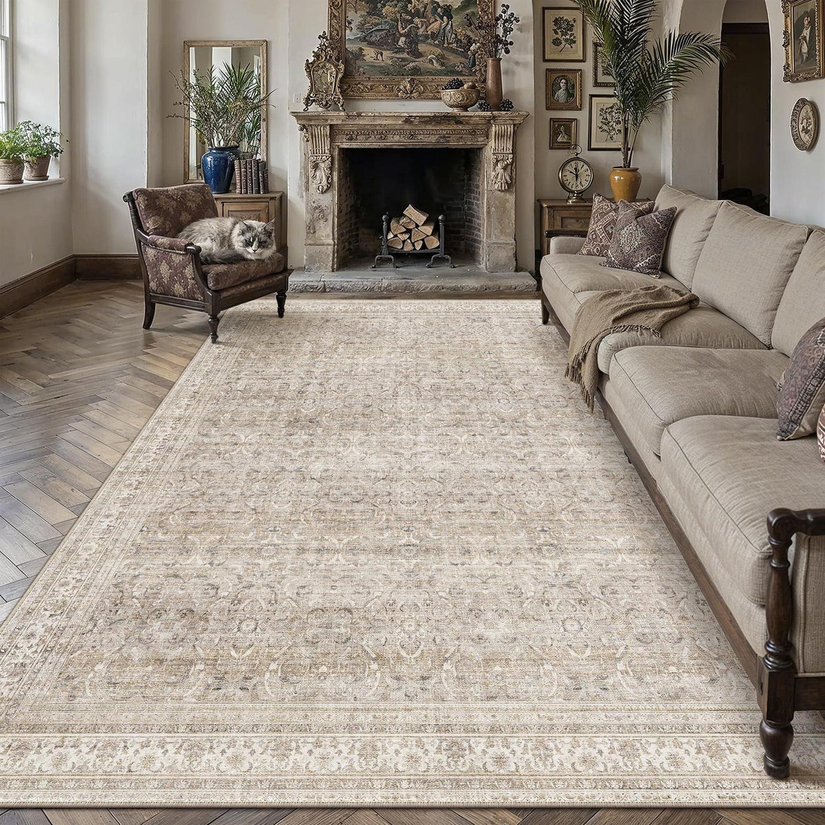 Vintage Teppich Beige 300x400cm – Waschbar & Rutschfest