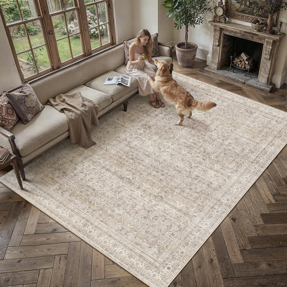 Vintage Teppich Beige 300x400cm – Waschbar & Rutschfest