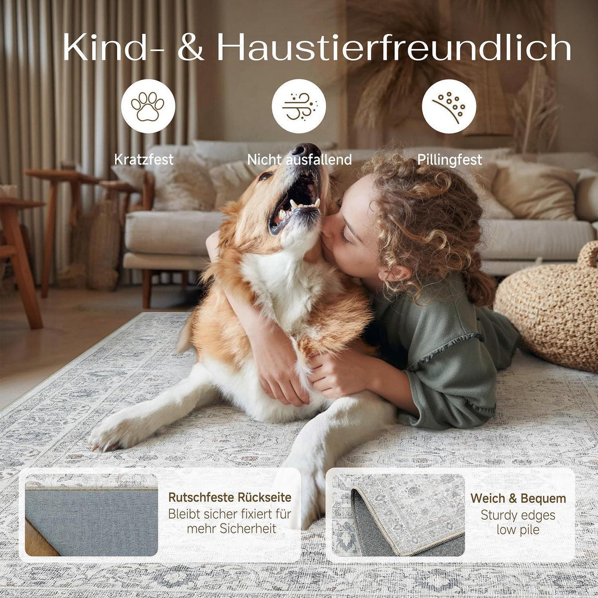 Waschbarer Wohnzimmerteppich Grau 300x400cm – Vintage Design