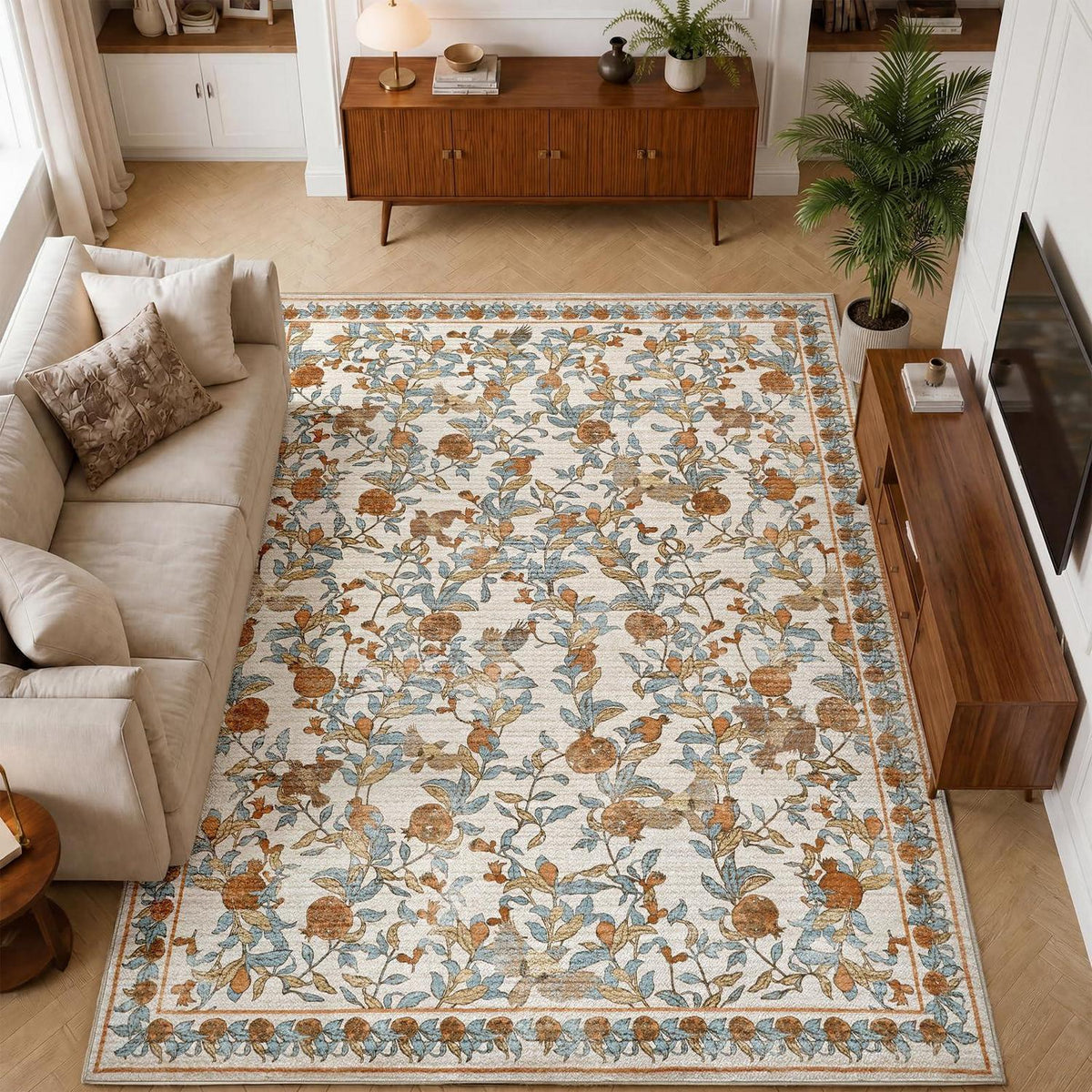 Vintage Teppich 200x280 cm – Orange-Beige, Kurzflor & Rutschfest