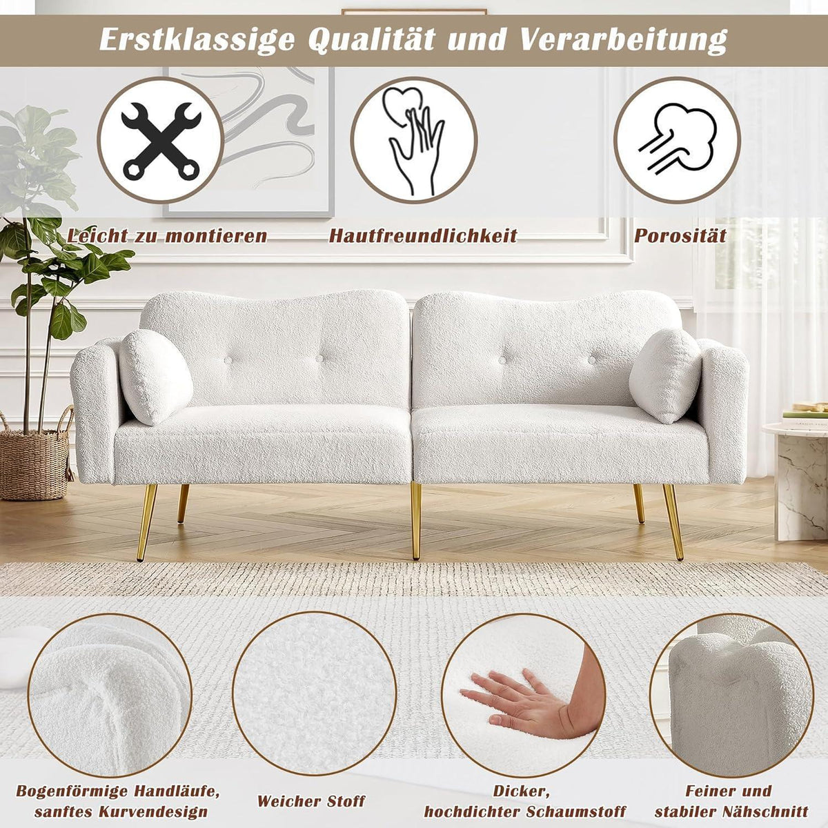 Schlafsofa 2-Sitzer mit Bettfunktion & Stauraum – Weiß