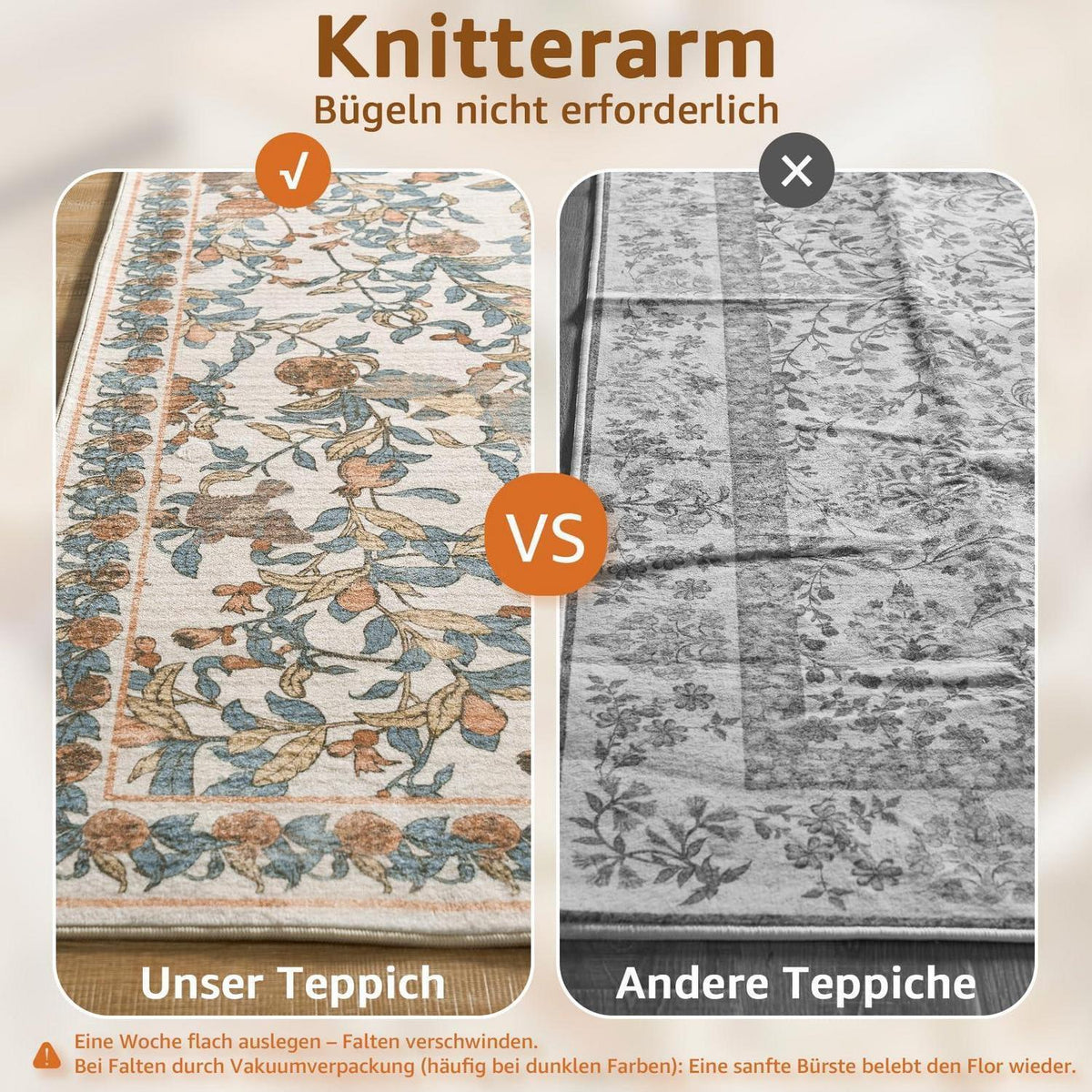 Vintage Teppich 240x340 cm – Orange-Beige, Waschbar & Rutschfest