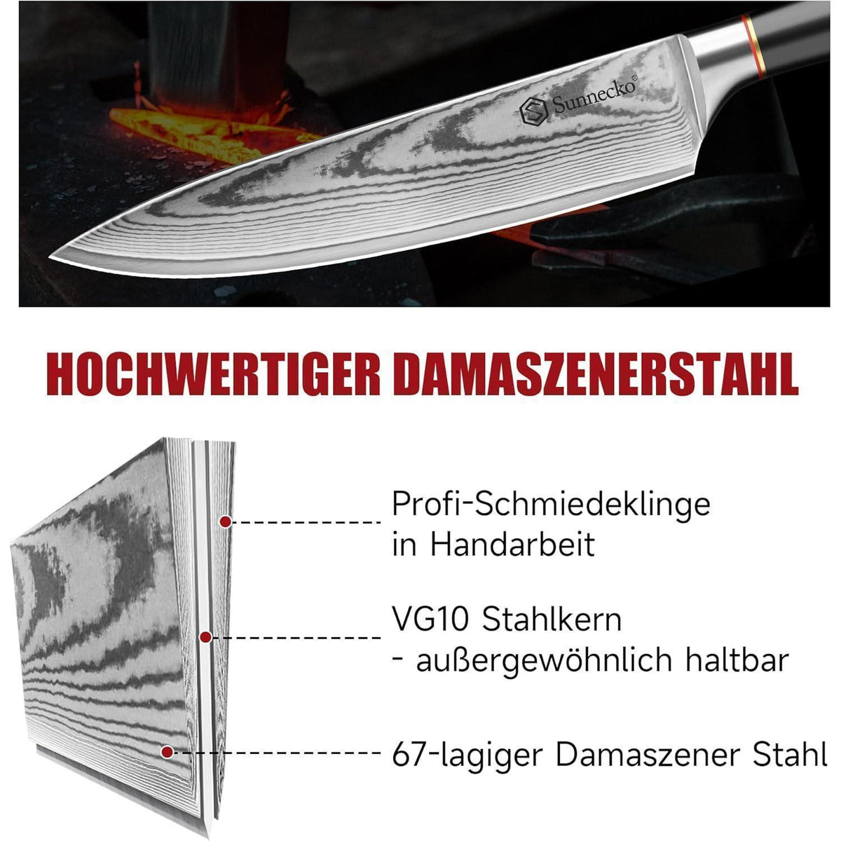3-tlg Damast Messerset | Professionelle Küchenmesser Set