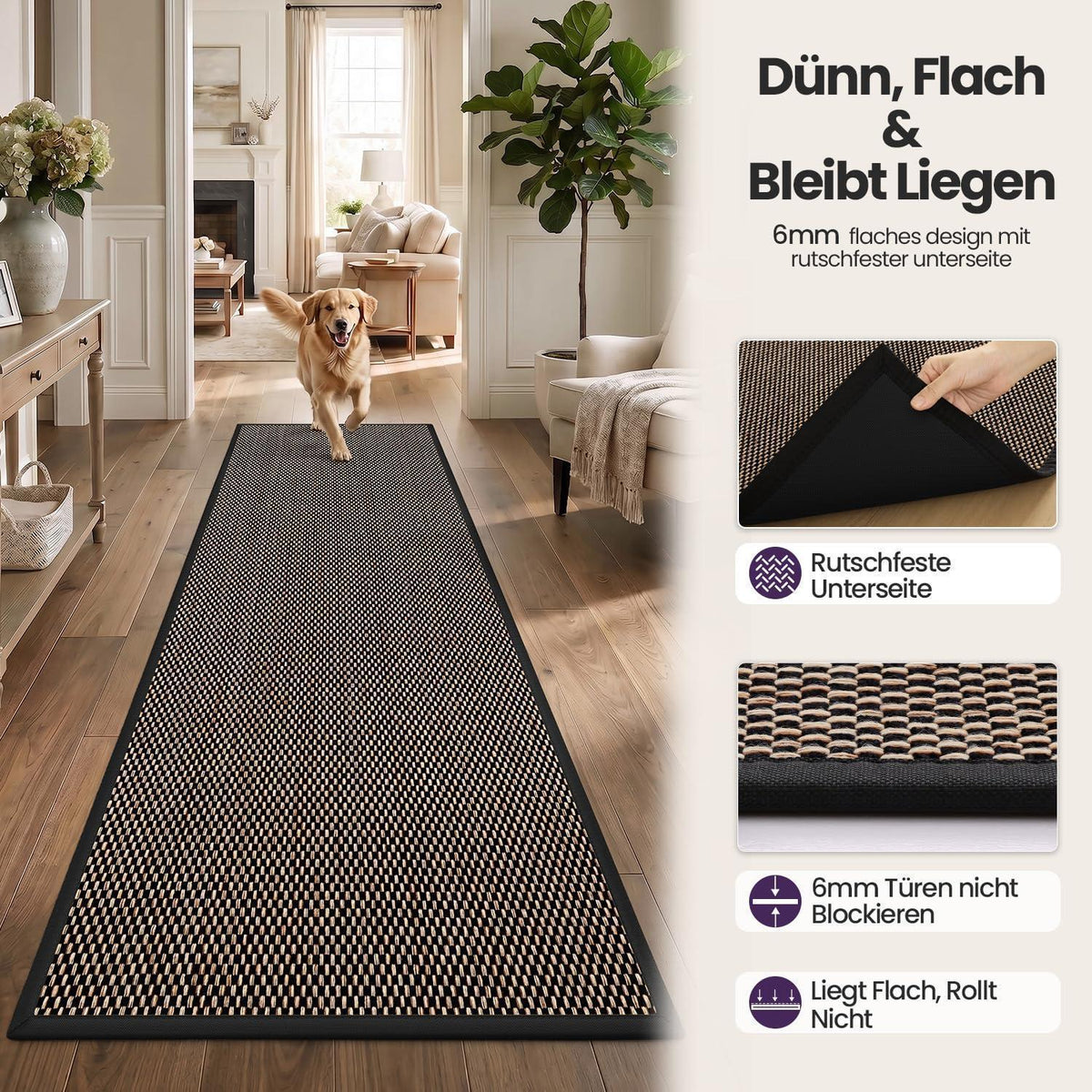 Läufer Flur Schwarz 80x300 cm - Rutschfest & Saugstark