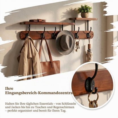 Holz Garderobe Wandregal mit 6 Haken & Ablage Vintage