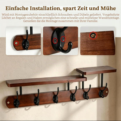 Holz Garderobe Wandregal mit 6 Haken & Ablage Vintage