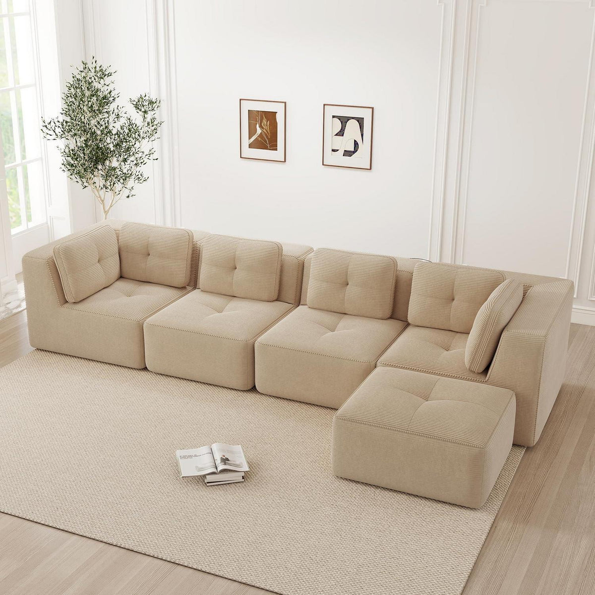 Modulares Ecksofa 4-Sitzer Beige mit Fußhocker – Cordstoff, Ohne Montage