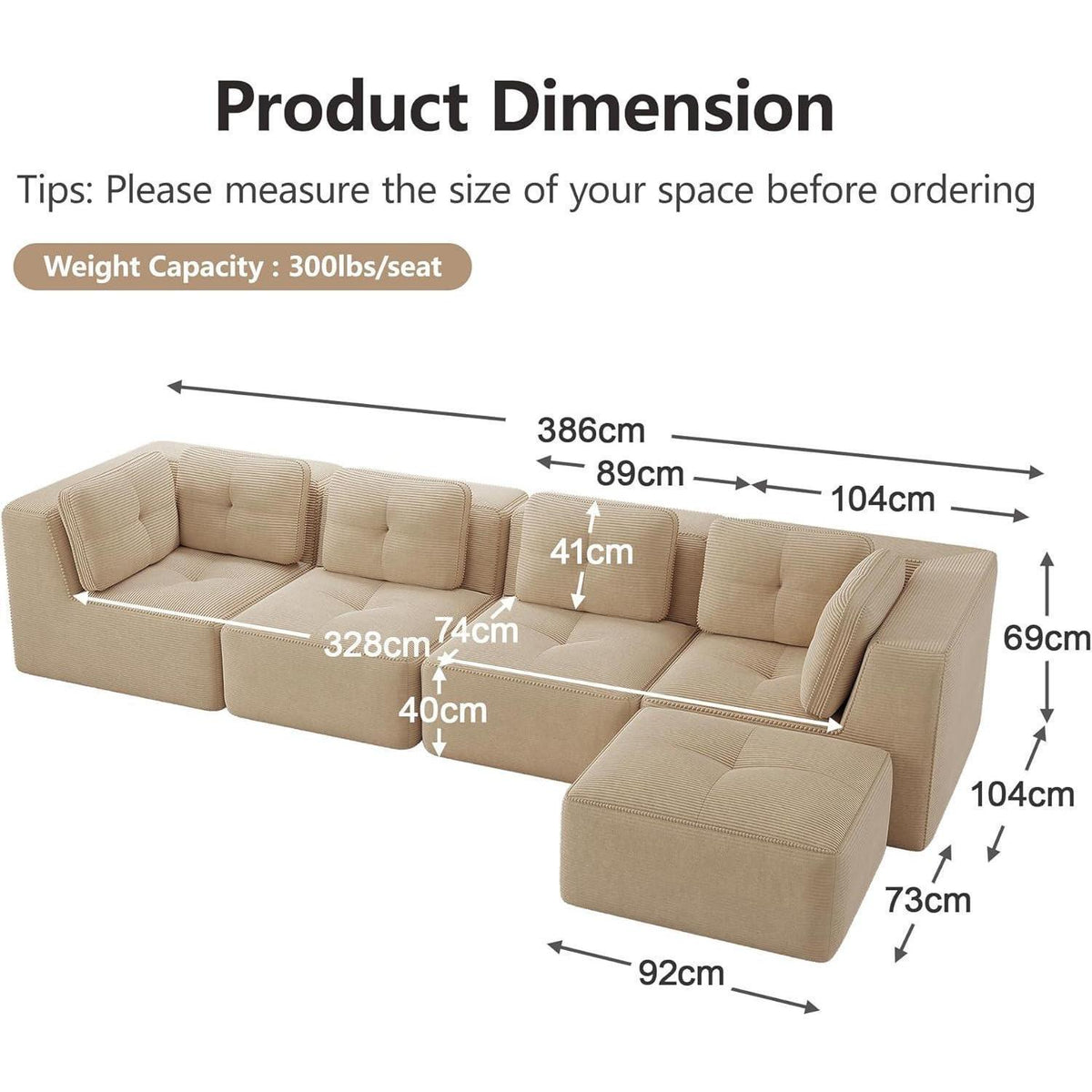 Modulares Ecksofa 4-Sitzer Beige mit Fußhocker – Cordstoff, Ohne Montage