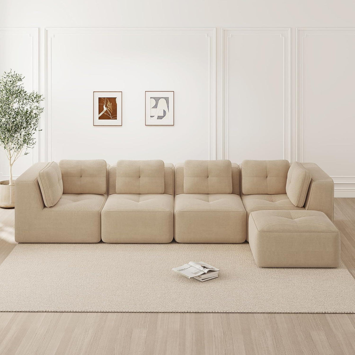 Modulares Ecksofa 4-Sitzer Beige mit Fußhocker – Cordstoff, Ohne Montage