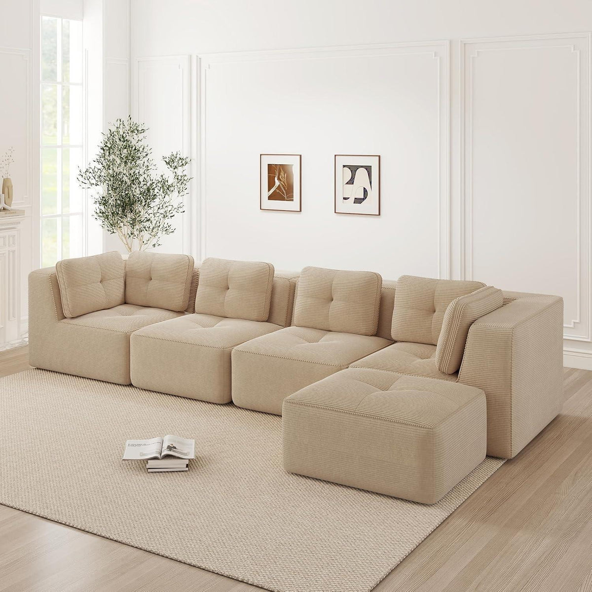 Modulares Ecksofa 4-Sitzer Beige mit Fußhocker – Cordstoff, Ohne Montage
