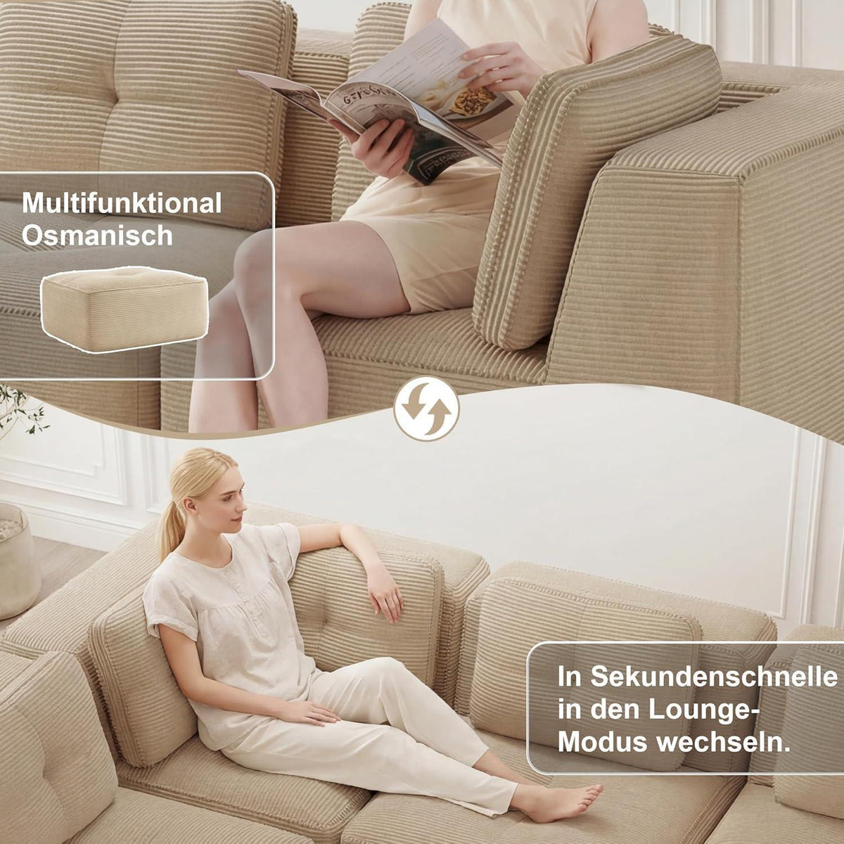 Modulares Ecksofa 4-Sitzer Beige mit Fußhocker – Cordstoff, Ohne Montage