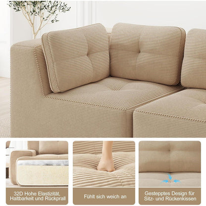 Modulares Ecksofa 4-Sitzer Beige mit Fußhocker – Cordstoff, Ohne Montage