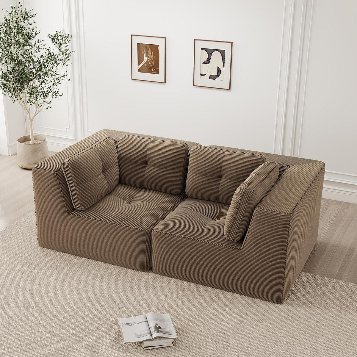 Modulares Ecksofa Braun – 2-Sitzer Cordstoff Couch ohne Aufbau